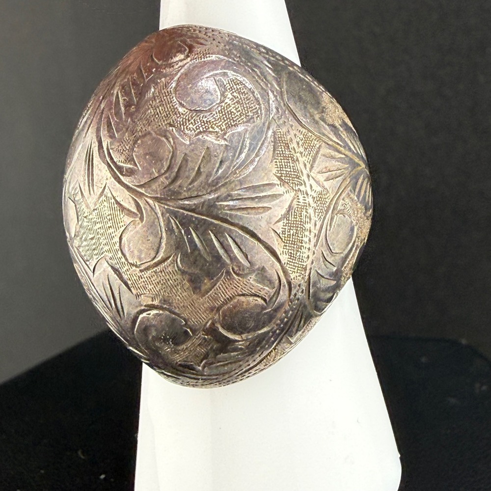 Vintage Sterling Silver Dome Ring Bubble Engraved Floral Scrollwork Women Size 7